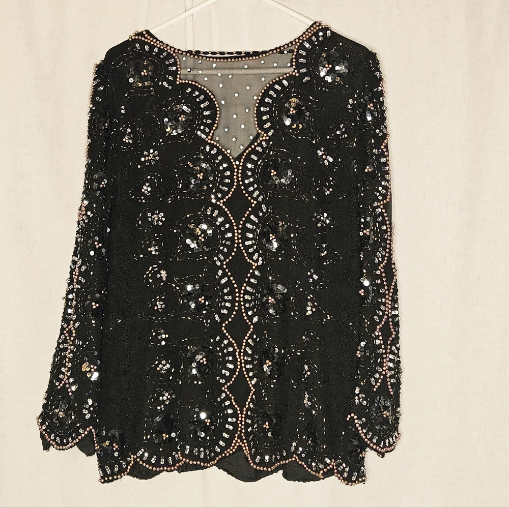 Vintage Oleg Cassini Beaded Silk Top   Black And Gold Beads And Sequins Sz M